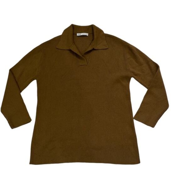 Zara Brown Neutral Solid Light Academia Preppy Ribbed Sweater Tunic Top Size L - Picture 1 of 9